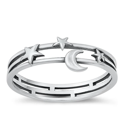 Sterling Silver Oxidized 6mm Moon And Stars Ring