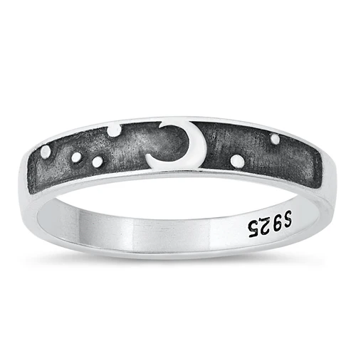 Sterling Silver Oxidized Moon And Stars Ring