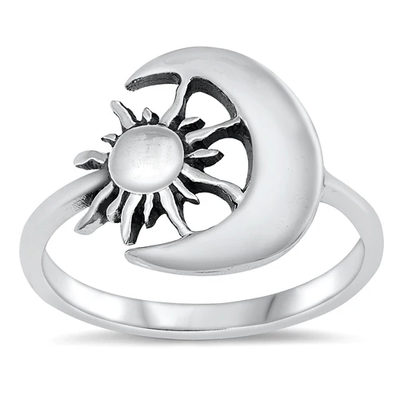 Sterling Silver Oxidized 15mm Moon And Sun Ring