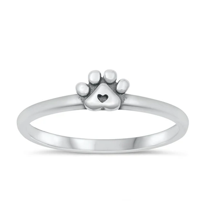 Sterling Silver Oxidized 4.8mm Paw Print And Heart Ring