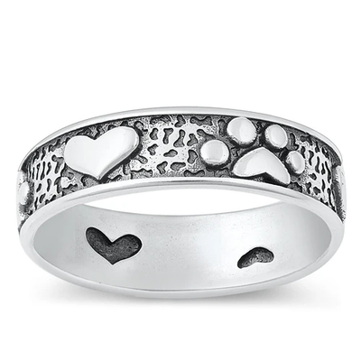 Sterling Silver Oxidized 6mm Paw Print And Heart Ring