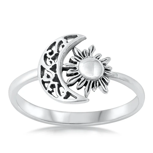 Sterling Silver Oxidized 11.2mm Moon And Sun Ring
