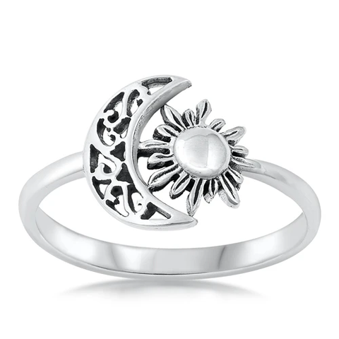 Sterling Silver Oxidized 11.2mm Moon And Sun Ring