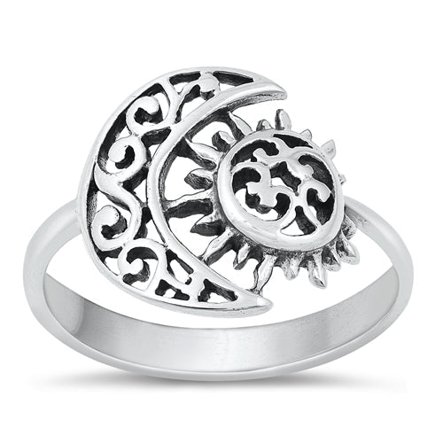 Sterling Silver Oxidized 14.6mm Moon And Sun Ring
