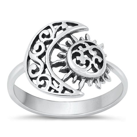 Sterling Silver Oxidized 14.6mm Moon And Sun Ring