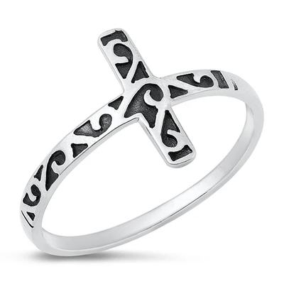 Sterling Silver Oxidized 12.8mm Cross Ring