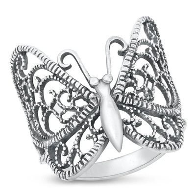 Sterling Silver Oxidized 28.6mm Butterfly Ring