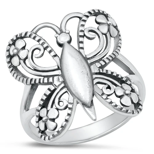 Sterling Silver Oxidized 21.5mm Butterfly Ring