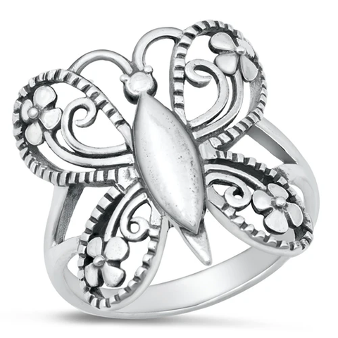 Sterling Silver Oxidized 21.5mm Butterfly Ring
