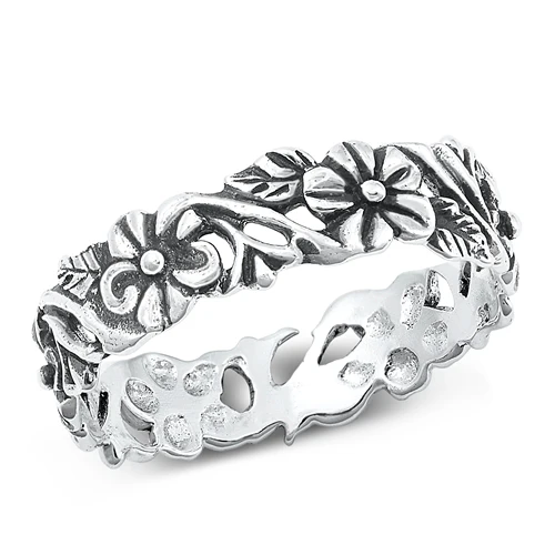 Sterling Silver Oxidize Flowers Ring