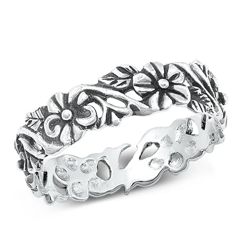 Sterling Silver Oxidize Flowers Ring