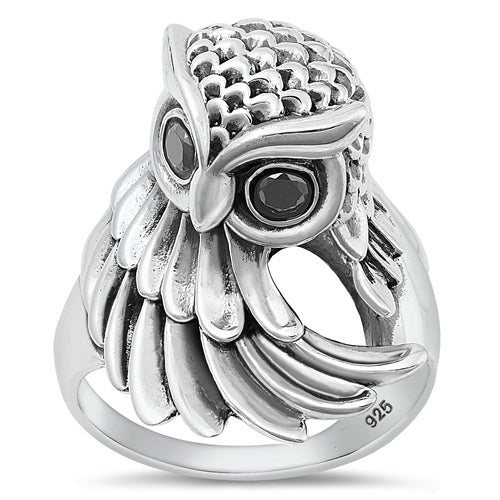 Sterling Silver Oxidized Black CZ Owl Ring-22.8mm