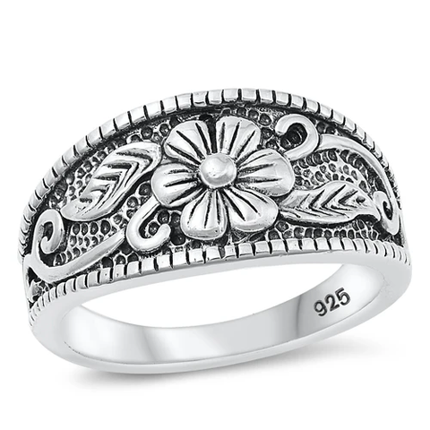 Sterling Silver Oxidized 11.2mm Flower Ring