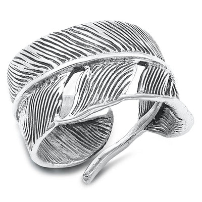 Sterling Silver Oxidized 14.6mm Feather Ring