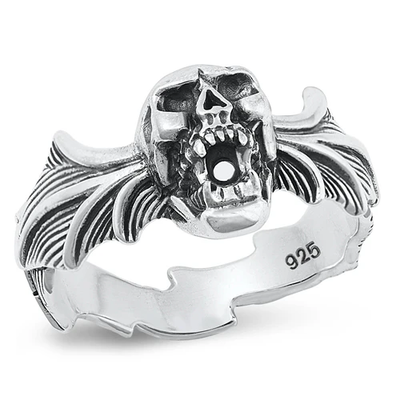 Sterling Silver Oxidized Skull And Bat Wings Ring