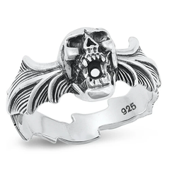 Sterling Silver Oxidized Skull And Bat Wings Ring