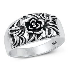 Sterling Silver Oxidized 11.4mm Flower Ring