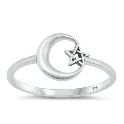 Sterling Silver Oxidized 9.5mm Moon And Star Ring