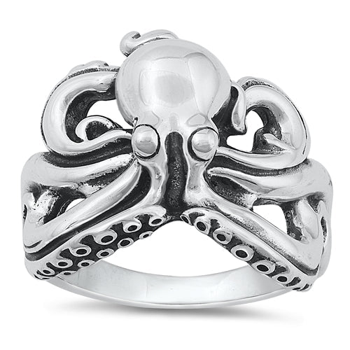 Sterling Silver Oxidized Octopus Ring-19.7mm