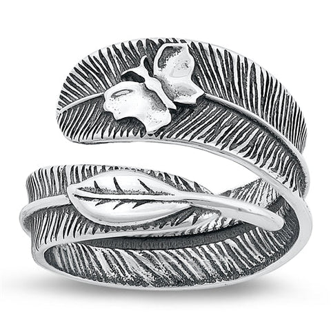 Sterling Silver Oxidized Feather, Butterfly, Leaf Ring