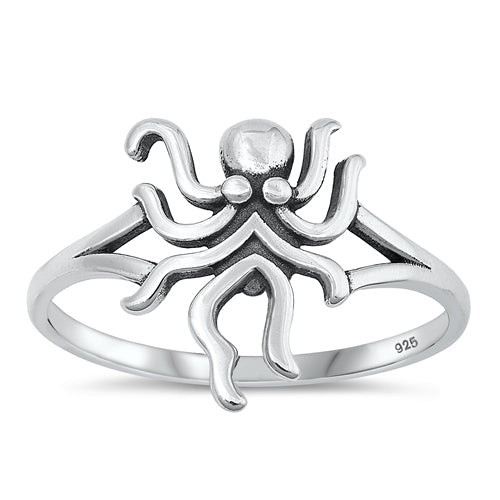 Sterling Silver Oxidized Octopus Ring-15.4mm