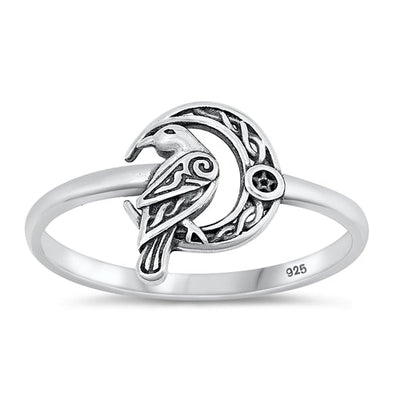 Sterling Silver Oxidized Bird and Moon Ring