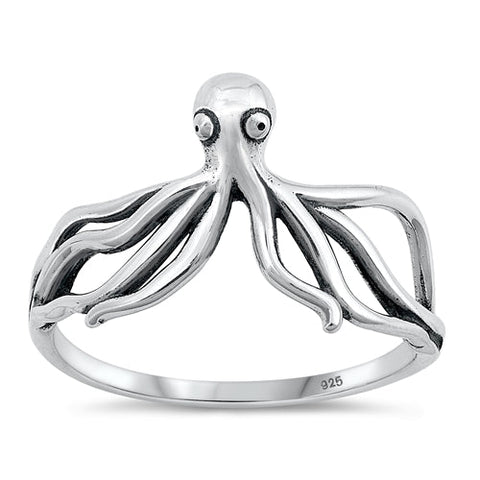 Sterling Silver Oxidized Octopus Ring-13.3mm