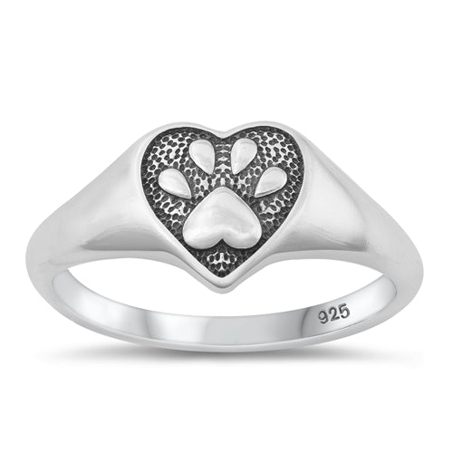 Sterling Silver Oxidized Heart and Paw Print Ring