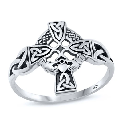 Sterling Silver Oxidized Celtic Claddagh Cross Ring