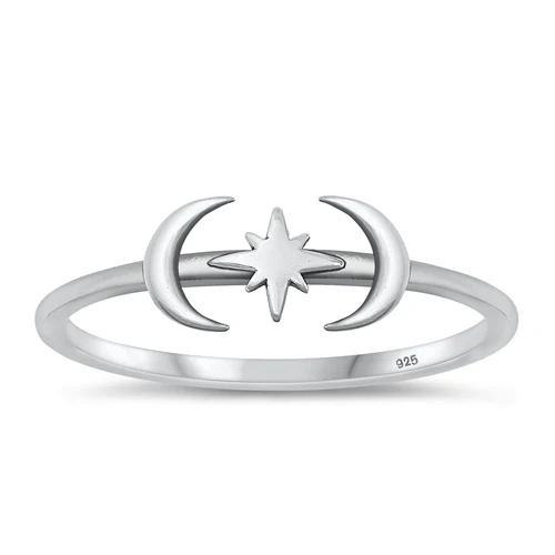 Sterling Silver Oxidized Moon And Star Ring