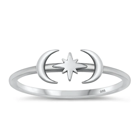 Sterling Silver Oxidized Moon And Star Ring