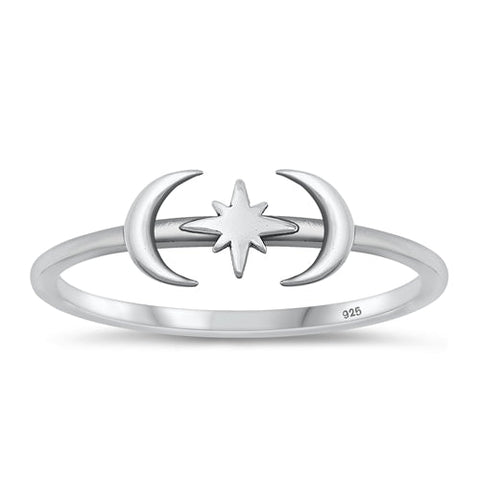 Sterling Silver Oxidized Moon and Star Ring