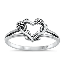Load image into Gallery viewer, Sterling Silver Oxidized Heart And Flowers Ring