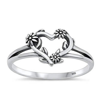 Sterling Silver Oxidized Heart And Flowers Ring