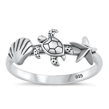 Load image into Gallery viewer, Sterling Silver Oxidized Seashell, Turtle, Star Ring