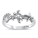 Sterling Silver Oxidized Seashell, Turtle, Star Ring