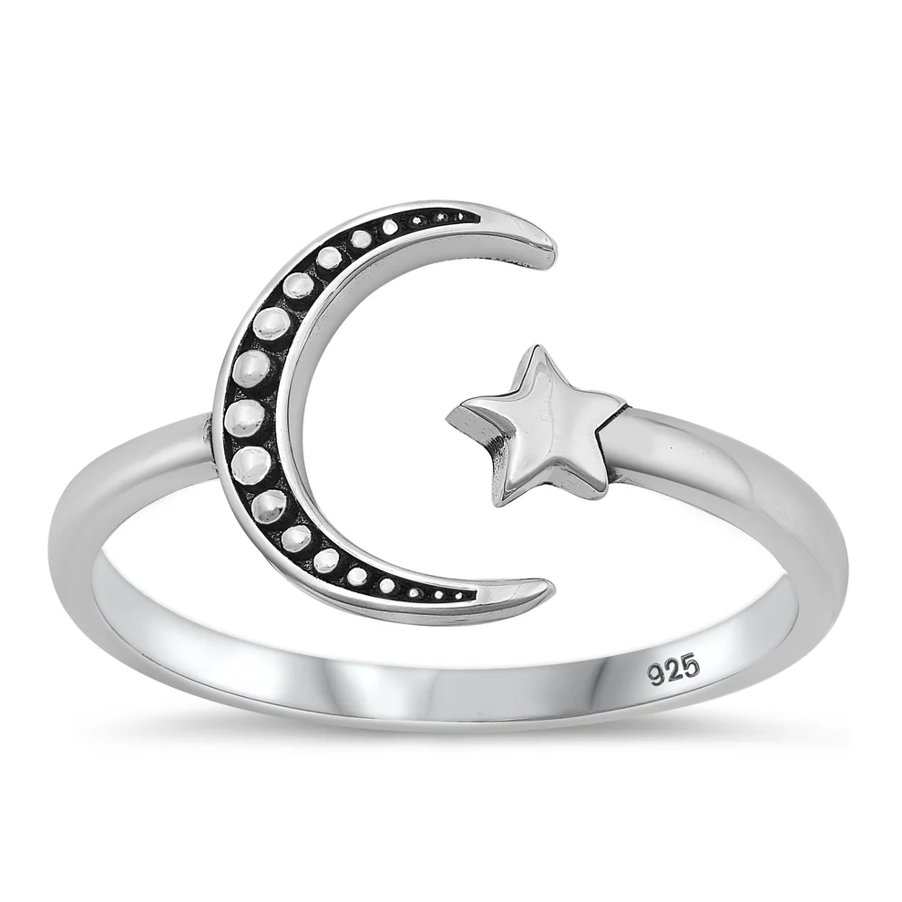Sterling Silver Oxidized Moon And Star Ring