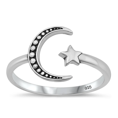 Sterling Silver Oxidized Moon And Star Ring