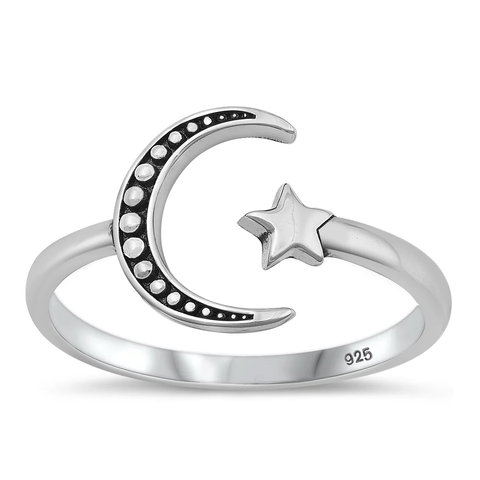 Sterling Silver Oxidized Moon And Star Ring