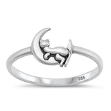 Sterling Silver Oxidized Cat and Moon Ring