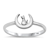 Sterling Silver Oxidized Cat on Moon Ring