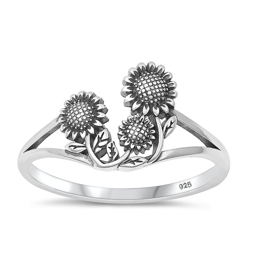 Sterling Silver Oxidized Sunflower Ring-12mm