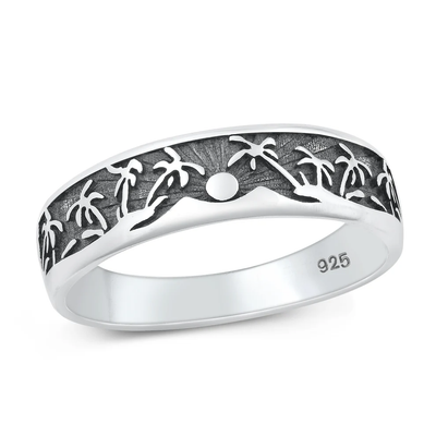 Sterling Silver Oxidized Palm Trees And Beach Ring