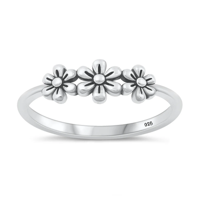 Sterling Silver Oxidized Three Flowers Ring