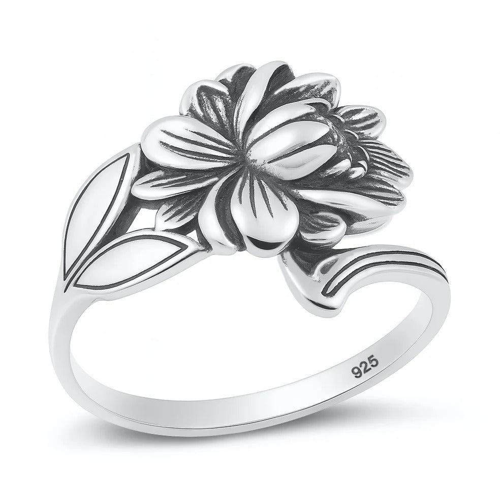 Sterling Silver Oxidized And Polished 16.1mm Flower Ring
