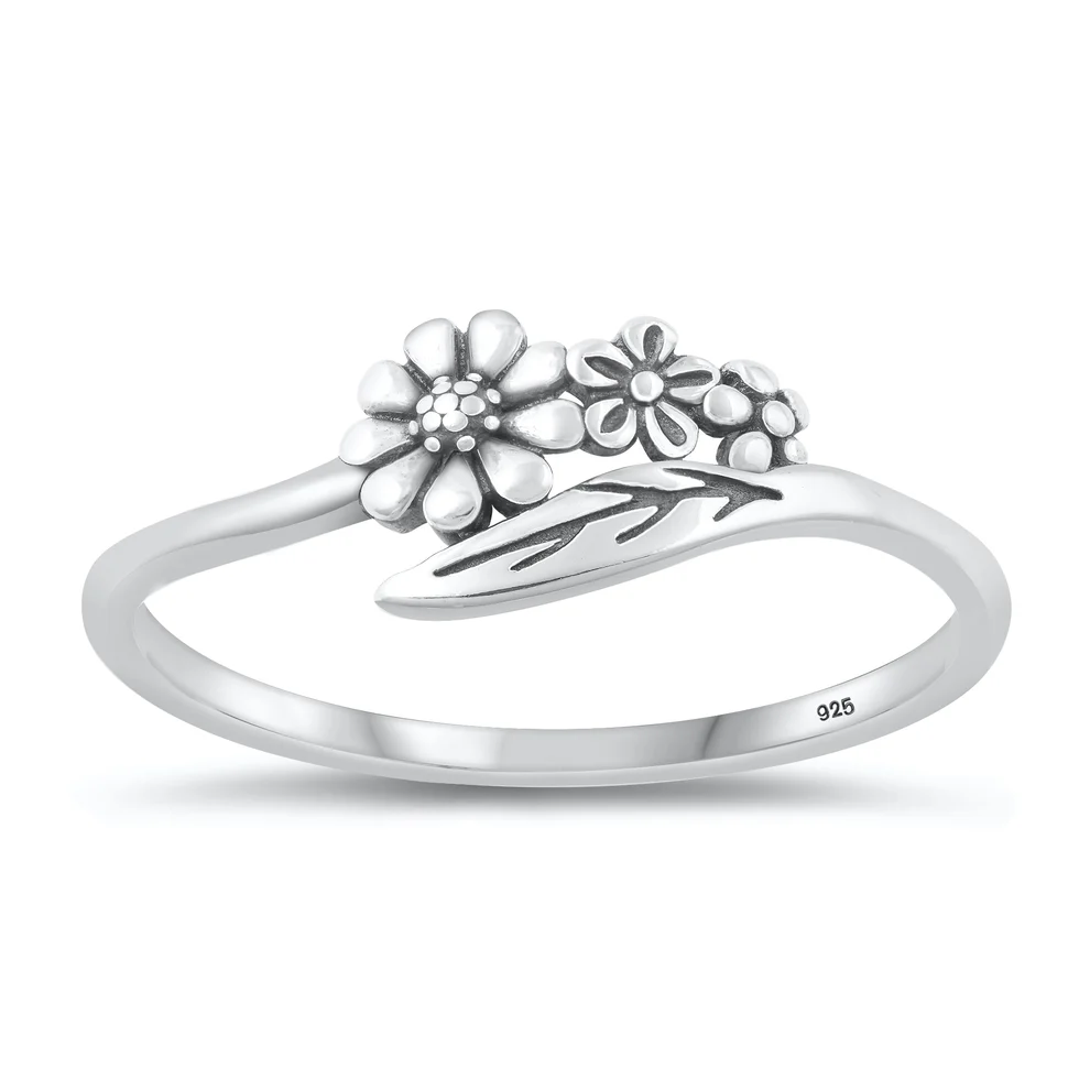 Sterling Silver Oxidized Flowers Ring