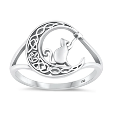 Load image into Gallery viewer, Sterling Silver Oxidized Cat On Moon Ring
