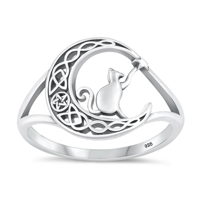 Sterling Silver Oxidized Cat On Moon Ring