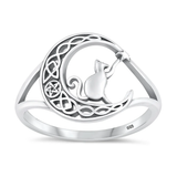 Sterling Silver Oxidized Cat On Moon Ring