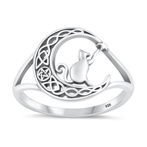 Sterling Silver Oxidized Cat On Moon Ring